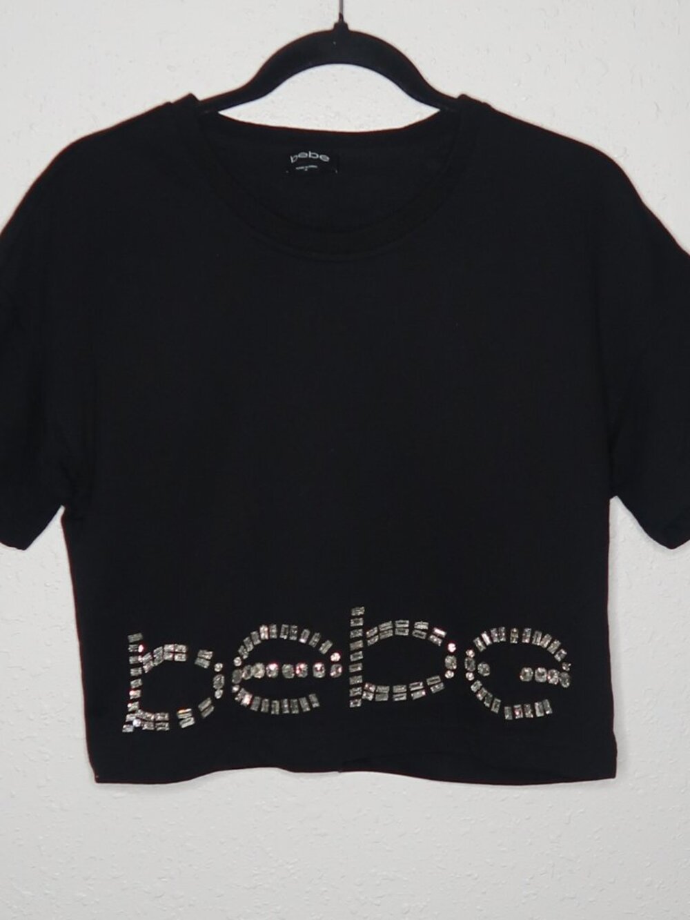 BEBE Black Rhinestone Logo Boxy Crop Tee